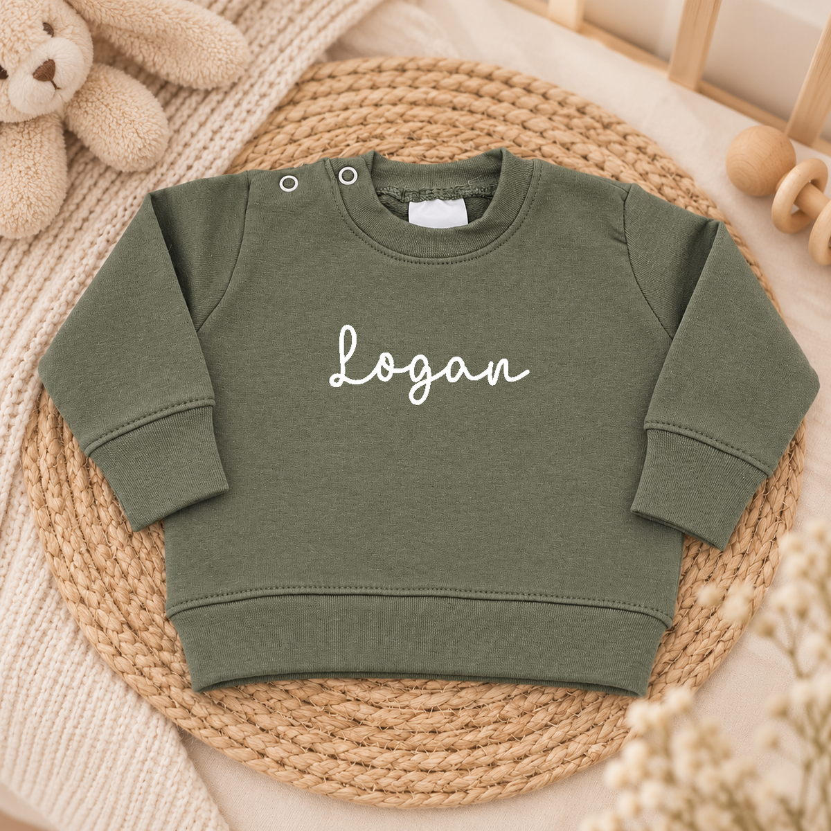 Groene baby trui gepersonaliseerd met naam