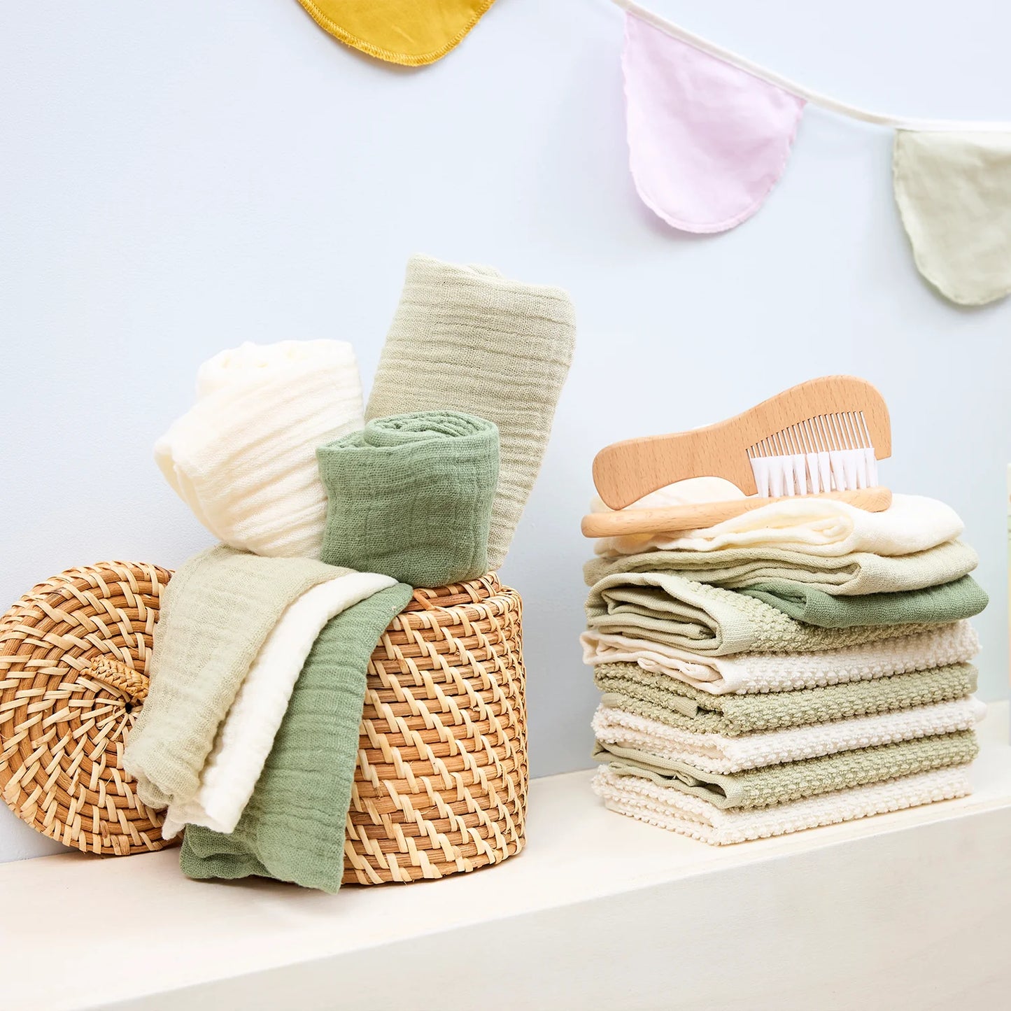 Hydrofiele doek pre-washed Natural/Soft Olive/Olive Green (70x70) (3pack)