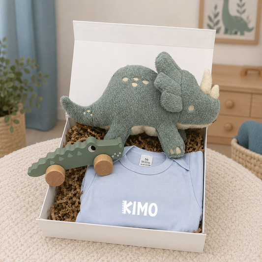 Kraamcadeau jongen Dino met gepersonaliseerd rompertje