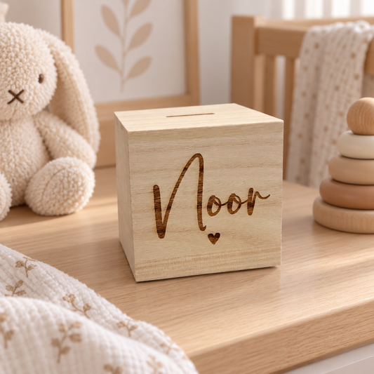 Gepersonaliseerde houten spaarpot met naam